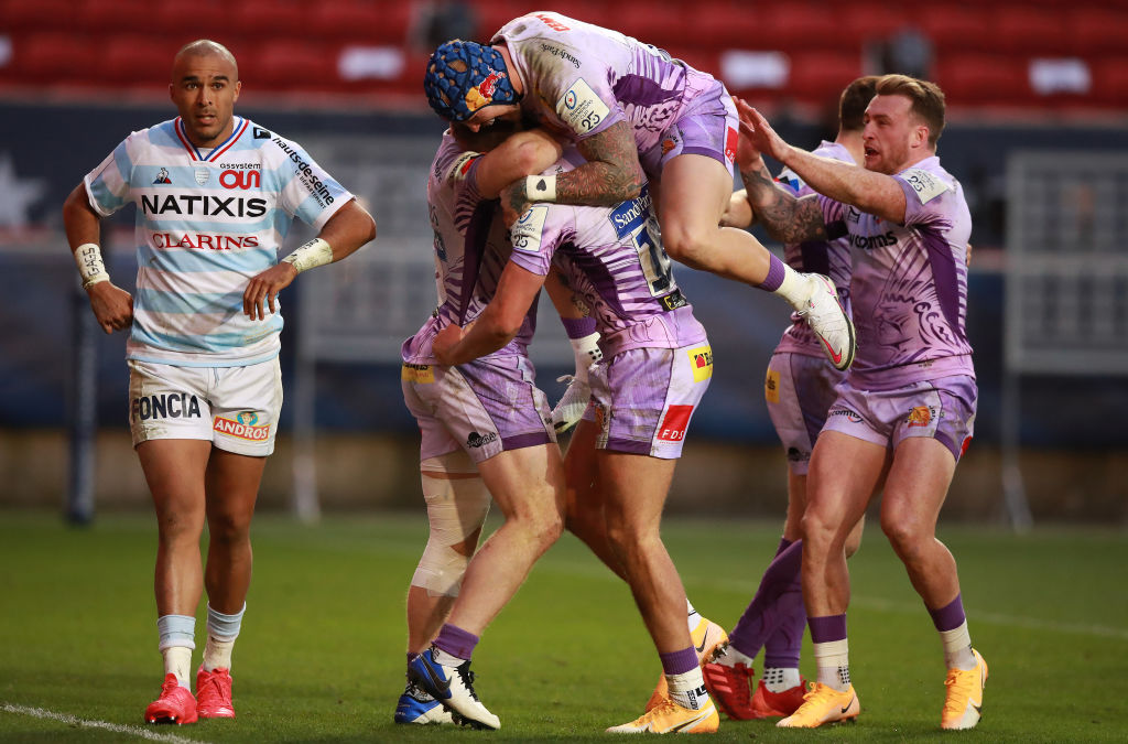 Exeter Chiefs score in the Champions Cup final against Racing 92