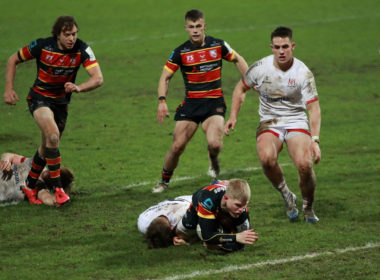 Gloucester fly-half George Barton scores the match-winning try against Ulster