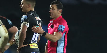 Kyle Sinckler is spoken to by referee Karl Dickson