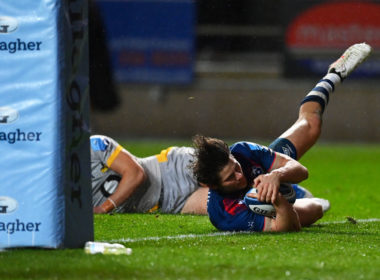 Bristol Bears wing Piers O'Conor scores against Wasps