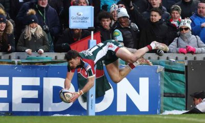 Flying high: Adam Radwan scoring against Saracens. PICTURES: Getty Images