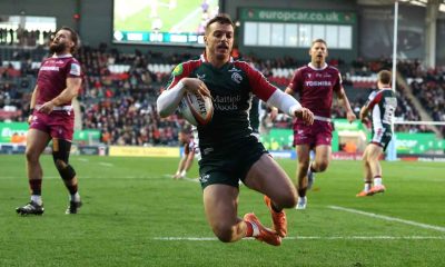 Adam Radwan scoring for Leicester Tigers against Sale Sharks last season.