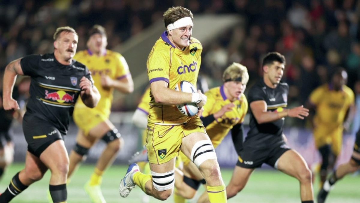 Northampton Saints second row Alex Coles running in for a try against Newcastle Red Bulls last month