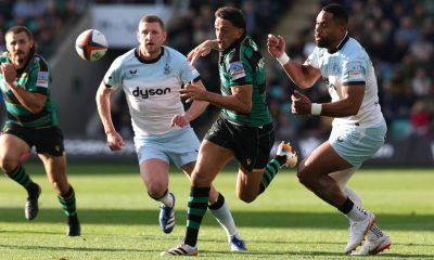 Alex Mitchell kicks through to score for Northampton Saints