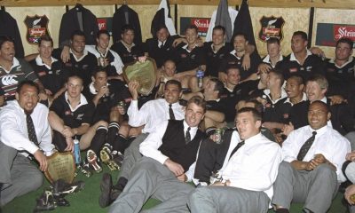 The All Blacks celebrate winning the first Test in South Africa, 1996