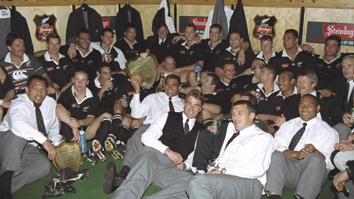 The All Blacks celebrate winning the first Test in South Africa, 1996