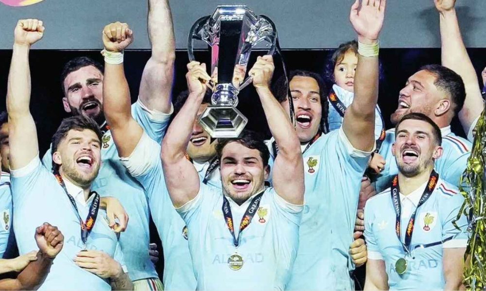 Antoine Dupont lifts the Six Nations trophy for France