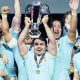 Antoine Dupont lifts the Six Nations trophy for France