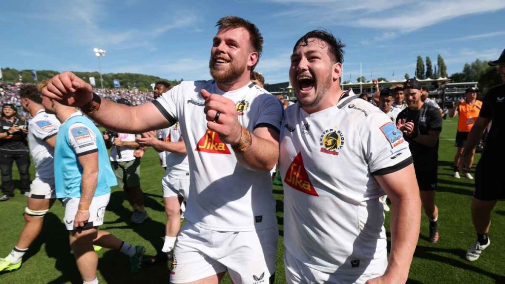 Exeter Chiefs' Bachuki Tchumbadze and Ethan Burger celebrate beating Bath