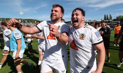 Exeter Chiefs’ Bachuki Tchumbadze and Ethan Burger celebrate beating Bath
