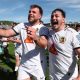 Exeter Chiefs’ Bachuki Tchumbadze and Ethan Burger celebrate beating Bath