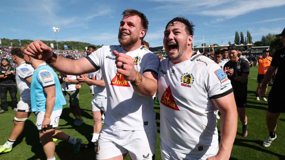 Exeter Chiefs’ Bachuki Tchumbadze and Ethan Burger celebrate beating Bath