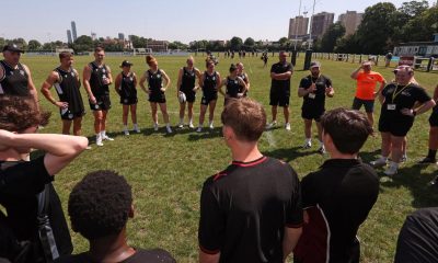 School of Hard Knocks participants join Barbarians stars during a skills session at