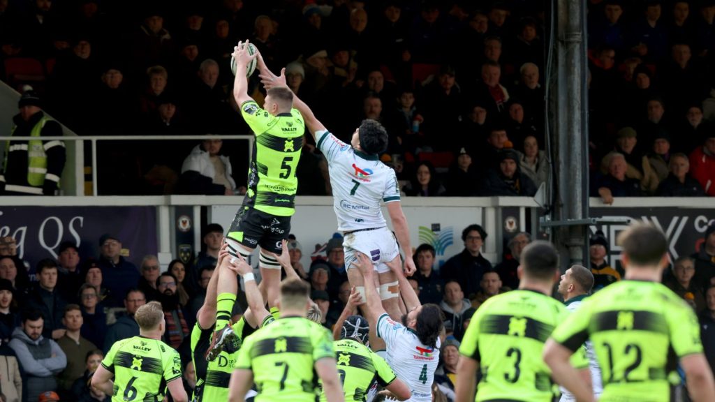 Barny Langton-Cryer of the Dragons RFC takes the ball during the EPCR Challenge Cup match between Dragons RFC and Section Paloise