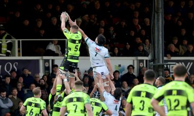 Barny Langton-Cryer of the Dragons RFC takes the ball during the EPCR Challenge Cup match between Dragons RFC and Section Paloise