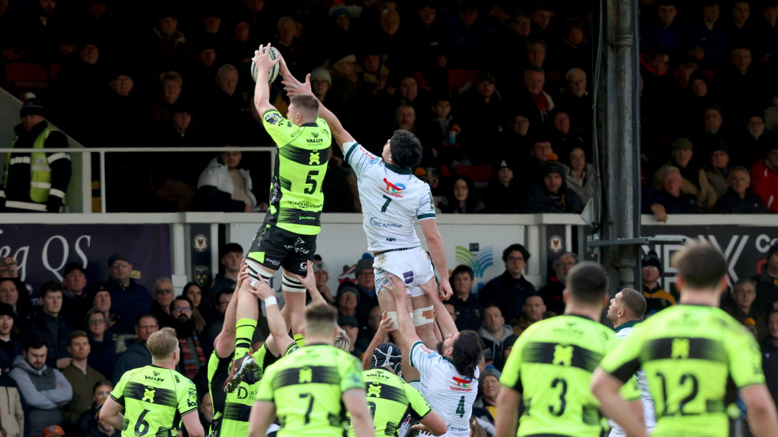 Barny Langton-Cryer of the Dragons RFC takes the ball during the EPCR Challenge Cup match between Dragons RFC and Section Paloise