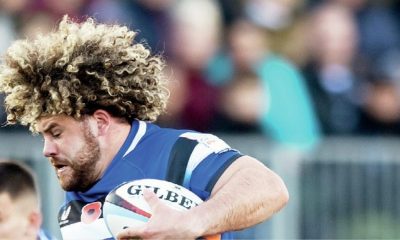 Alfie Barbeary, one of six Bath forwards brought on at 61 minutes, charges through Bristol Bears
