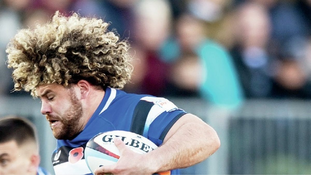 Alfie Barbeary, one of six Bath forwards brought on at 61 minutes, charges through Bristol Bears