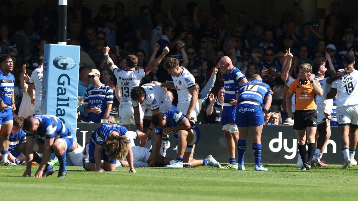 Exeter Chiefs celebrate as Bath look dejected at full-time last weekend