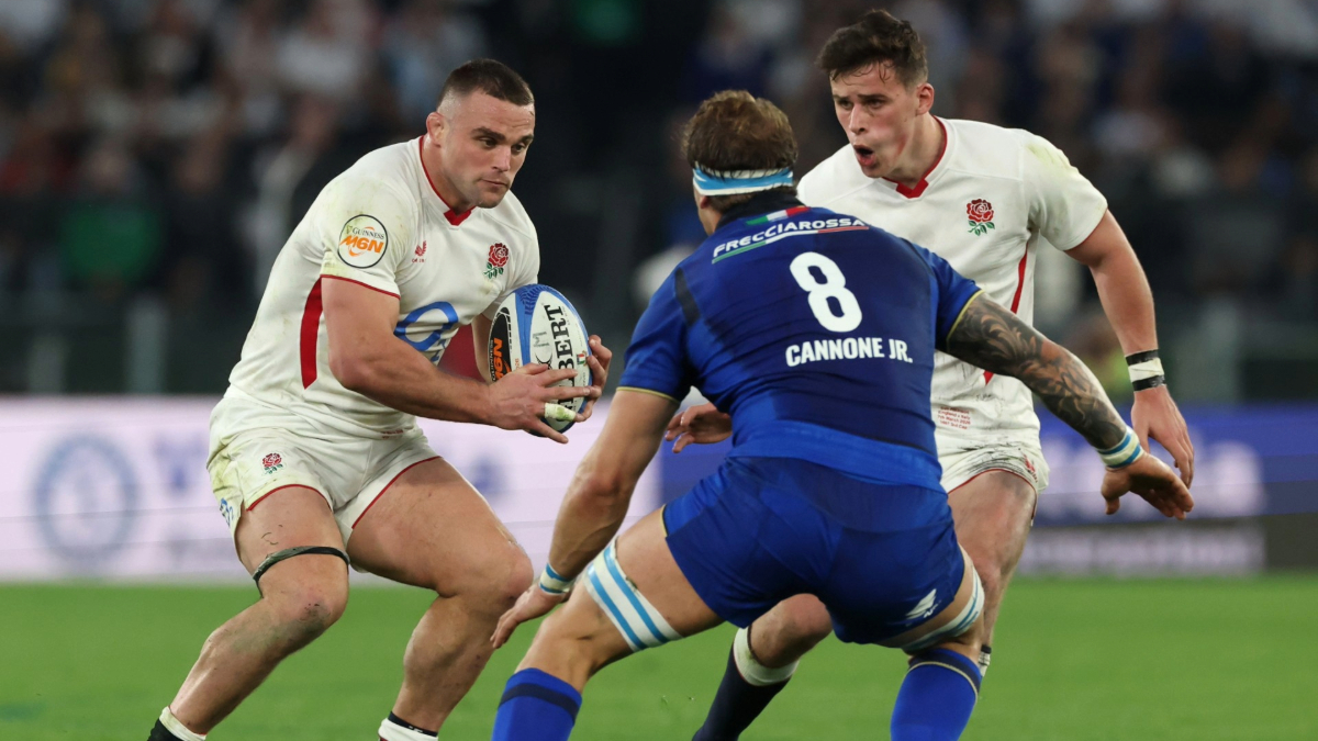 England’s Ben Earl looks to take on Italy’s Lorenzo Cannone yesterday