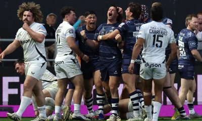Benhard Janse van Rensburg celebrates after making try-saving tackle for Bristol Bears