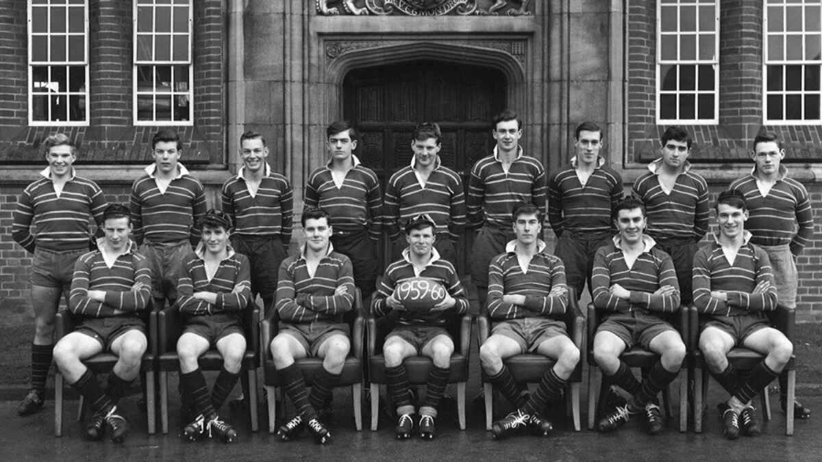 Bill Oddie holding the ball with his King Edward’s First XV