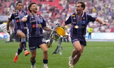 Bordeaux’s Matthieu Jalibert and Damian Penaud celebrate their Champions Cup triumph