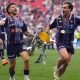 Bordeaux’s Matthieu Jalibert and Damian Penaud celebrate their Champions Cup triumph