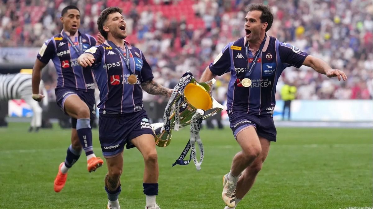 Bordeaux’s Matthieu Jalibert and Damian Penaud celebrate their Champions Cup triumph