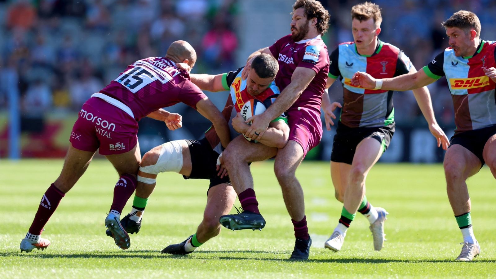 Harlequins’ Cameron Anderson is held up