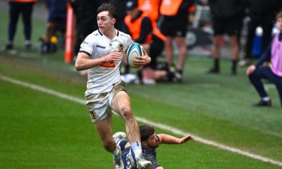 Campbell Ridl on the way to his hat-trick for Exeter Chiefs yesterday