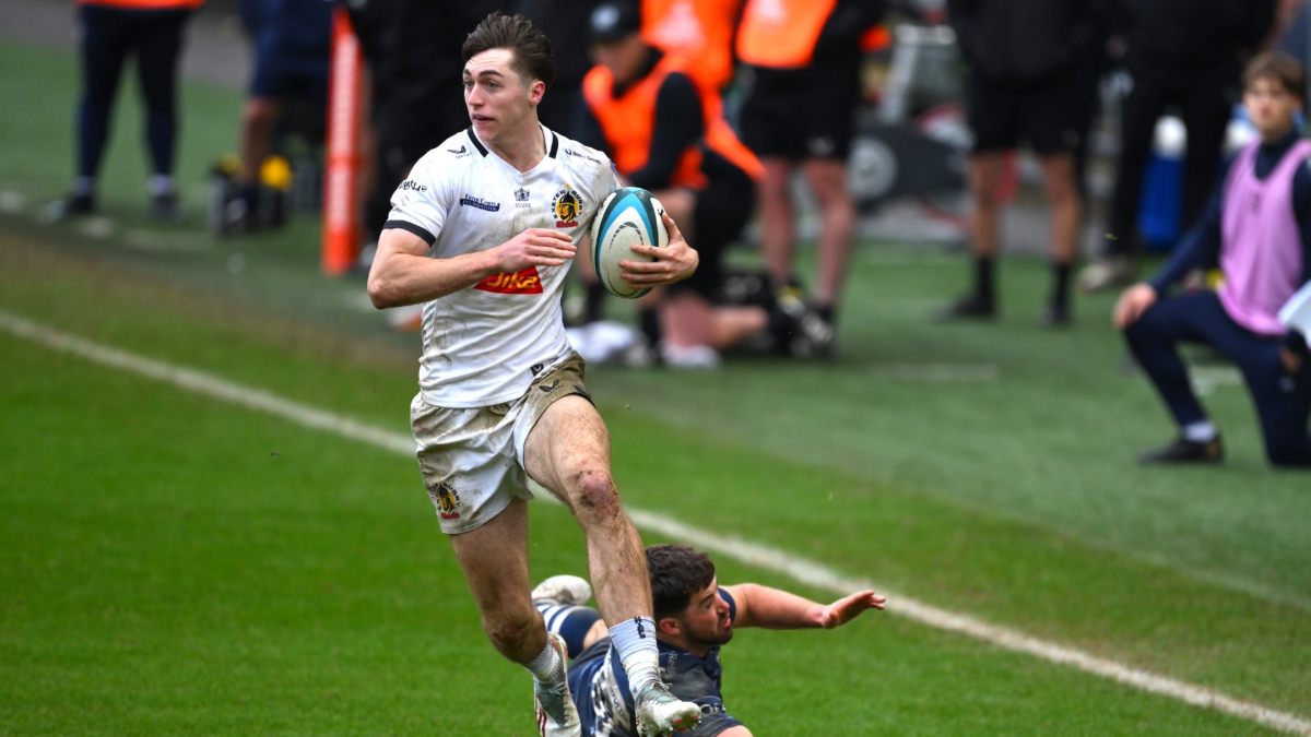 Campbell Ridl on the way to his hat-trick for Exeter Chiefs yesterday