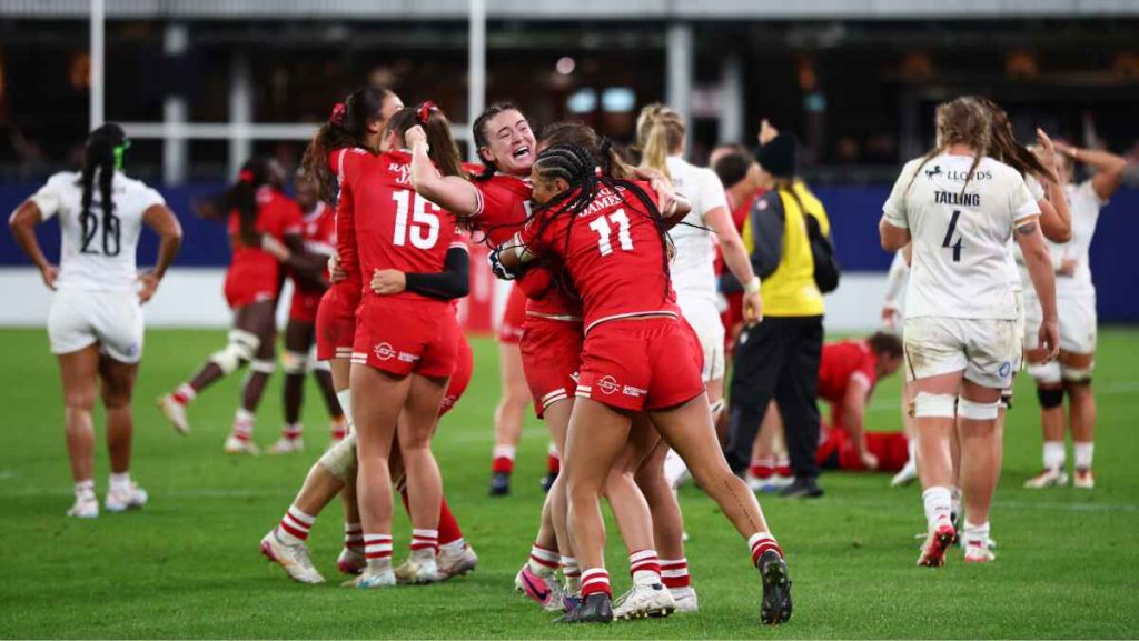 Canada's players celebrate their victory over England in the first of two successive Test defeats for the Red Roses PICTURE: Getty Im