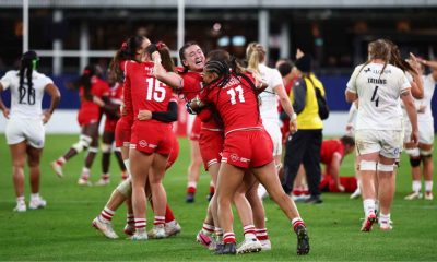 Canada’s players celebrate their victory over England in the first of two successive Test defeats for the Red Roses PICTURE: Getty Im