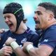 Darcy Graham celebrates with Scotland captain Sione Tuipulotu, inset below, after going over to score