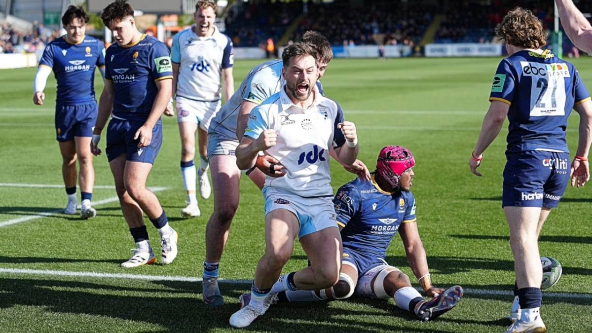 Dean Adamson celebrates scoring the winner for Bedford Blues