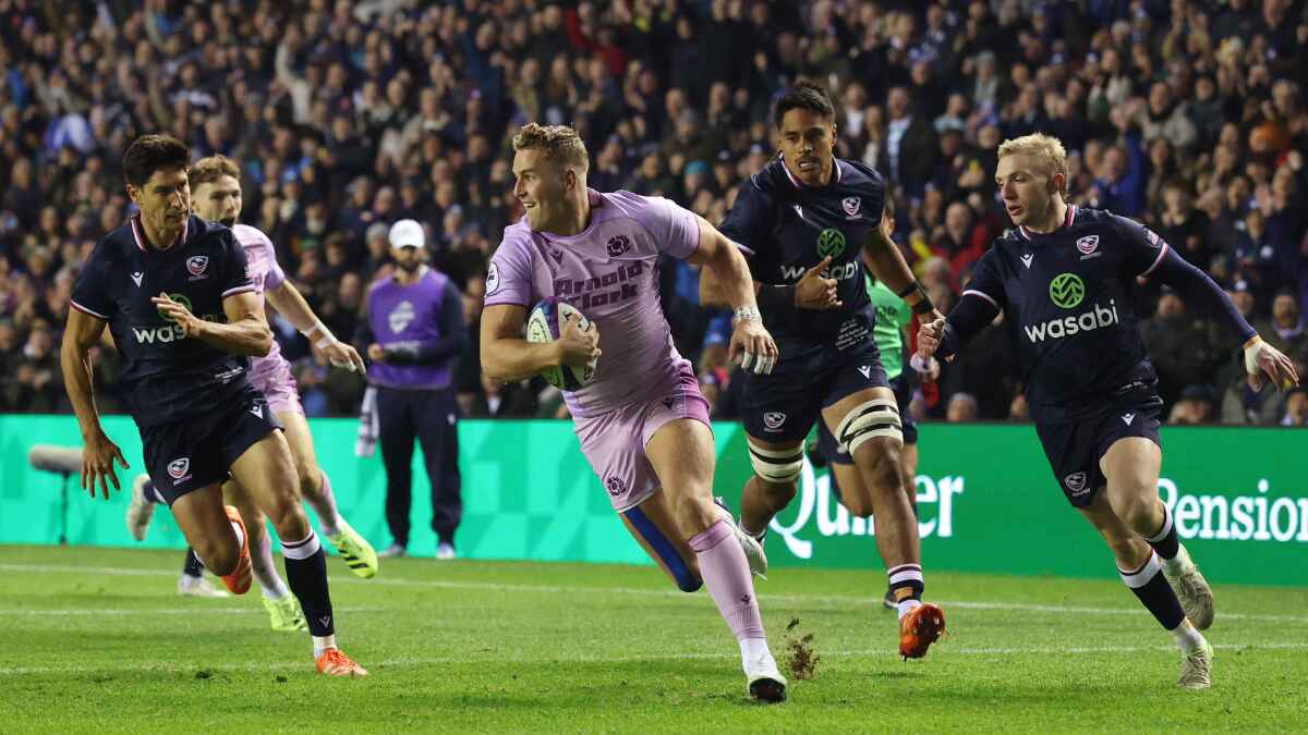 Duhan van der Merwe runs in to score for Scotland in their recent 85-0 victory over USA