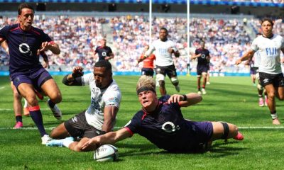 England’s Henry Pollock touches down