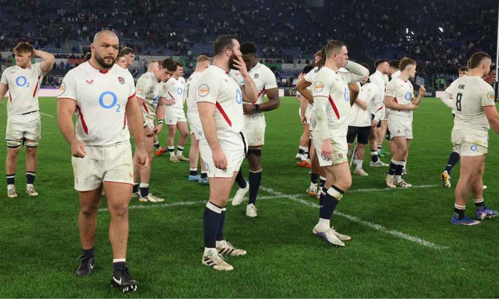England players look dejected after their historic 23-18 Six Nations defeat to Italy in Rome.