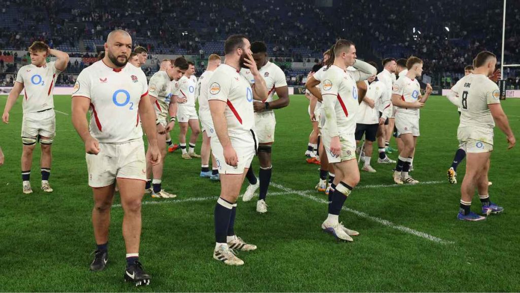 England players look dejected after their historic 23-18 Six Nations defeat to Italy in Rome.