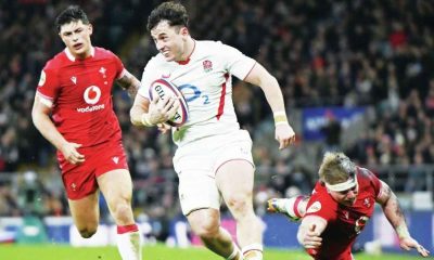 Henry Arundell running rings around Wales at Twickenham yesterday