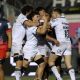 Exeter Chiefs celebrate scoring a try by Greg Fisilau against Saracens