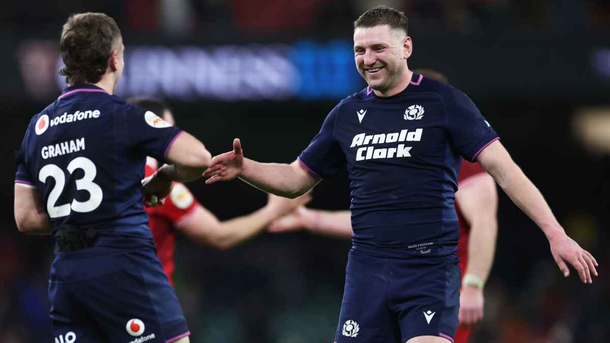 Scotland’s Finn Russell, right, and Darcy Graham