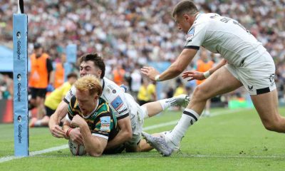Northampton Saints’ George Hendy dives over for his second try of the match