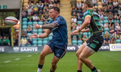 George Simpson sets up a try for Doncaster Knights against Northampton Saints.