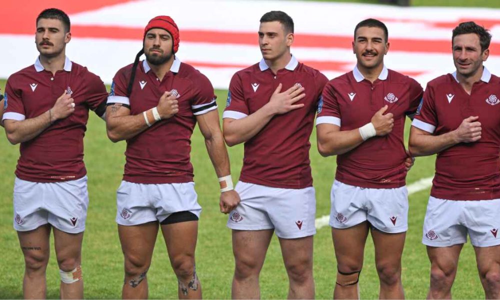 Georgian players stand for the anthem during the 2025 Rugby Europe Championship final