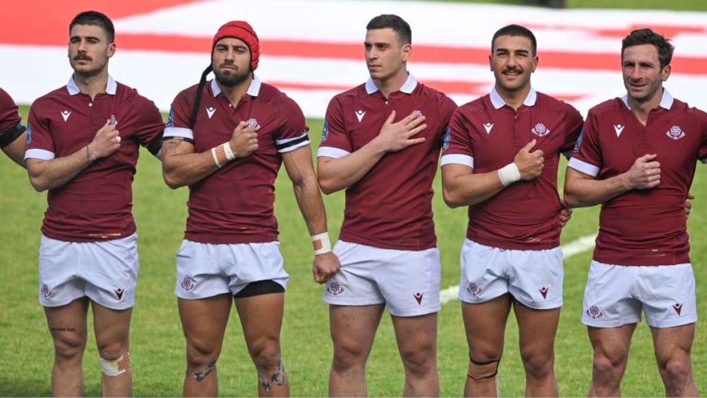 Georgian players stand for the anthem during the 2025 Rugby Europe Championship final