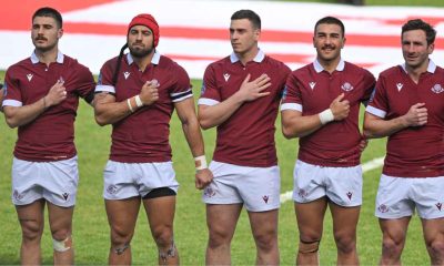 Georgian players stand for the anthem during the 2025 Rugby Europe Championship final