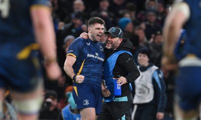 Harry Byrne of Leinster kicks a game winning penalty with the last play of the game
