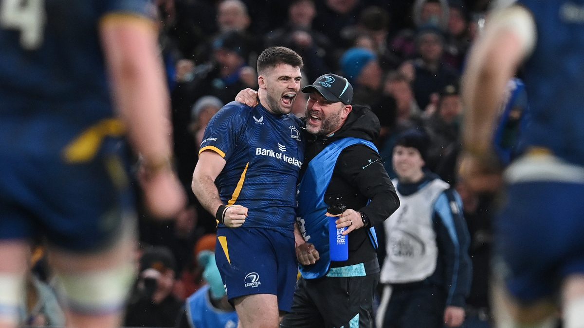 Harry Byrne of Leinster kicks a game winning penalty with the last play of the game